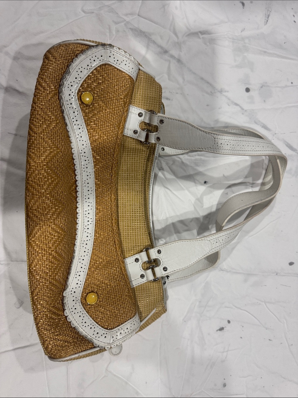 Cole Haan Tan Woven Shoulder Bag with White Trim